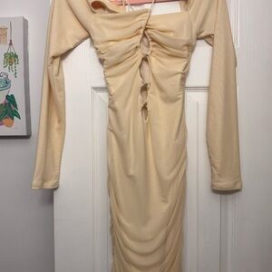 Long Sleeve Beige Ruched Front Dress